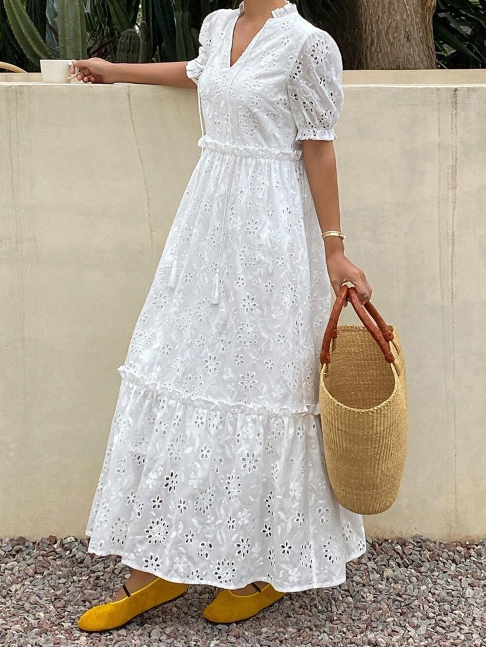 Ivory White Boho Women's Hollow Out Frill Trim Tie Waist Long Puff Sleeve Dress - Picture 4 of 7